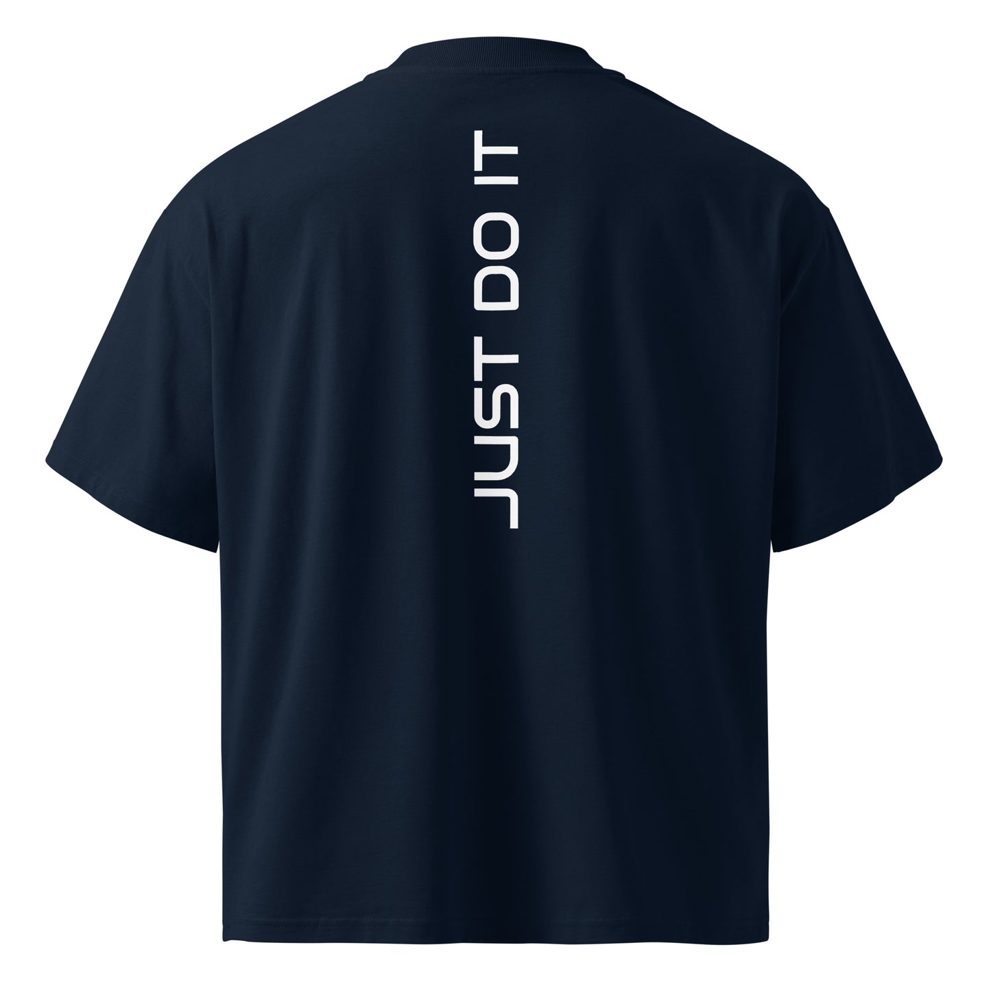 STAY UNIQUE CUSTOMS unisex organic oversized high neck 'NO EXCUSES' t-shirt, French Navy - back view