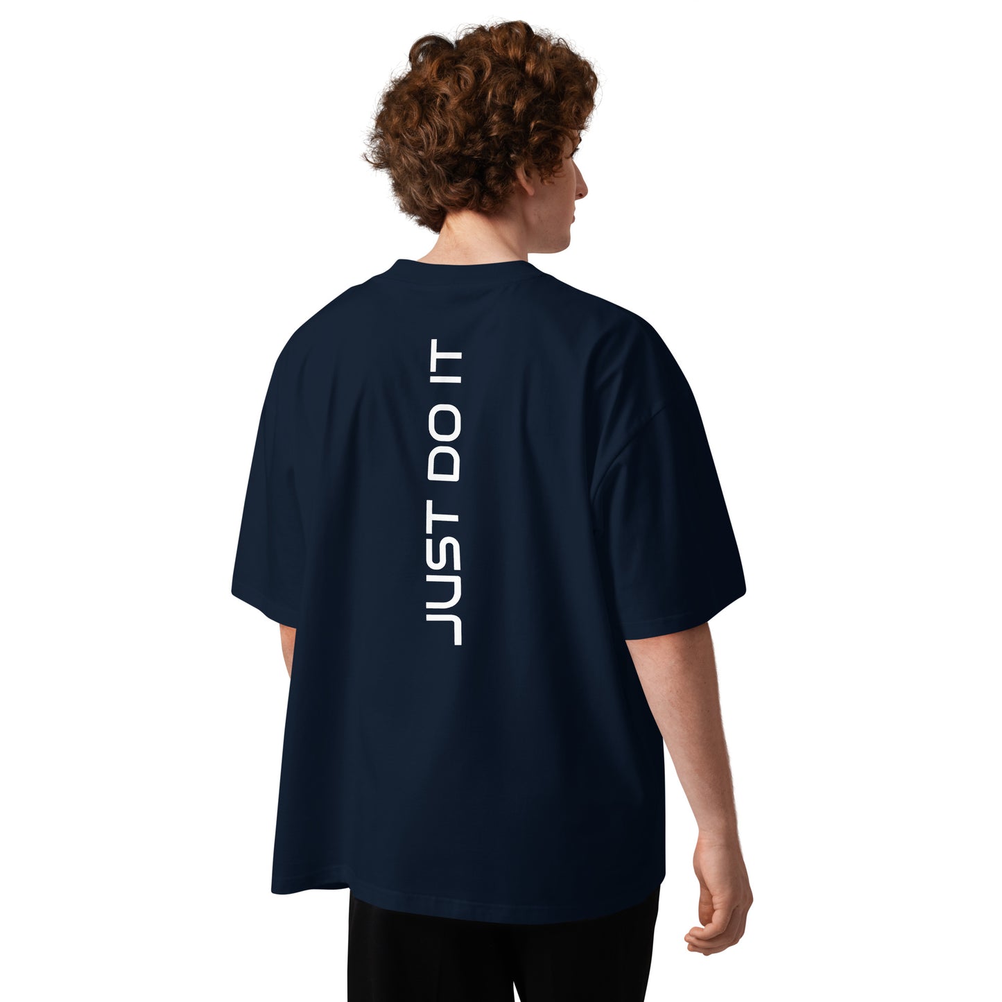 STAY UNIQUE CUSTOMS unisex organic oversized high neck 'NO EXCUSES' t-shirt, French Navy - back detail view