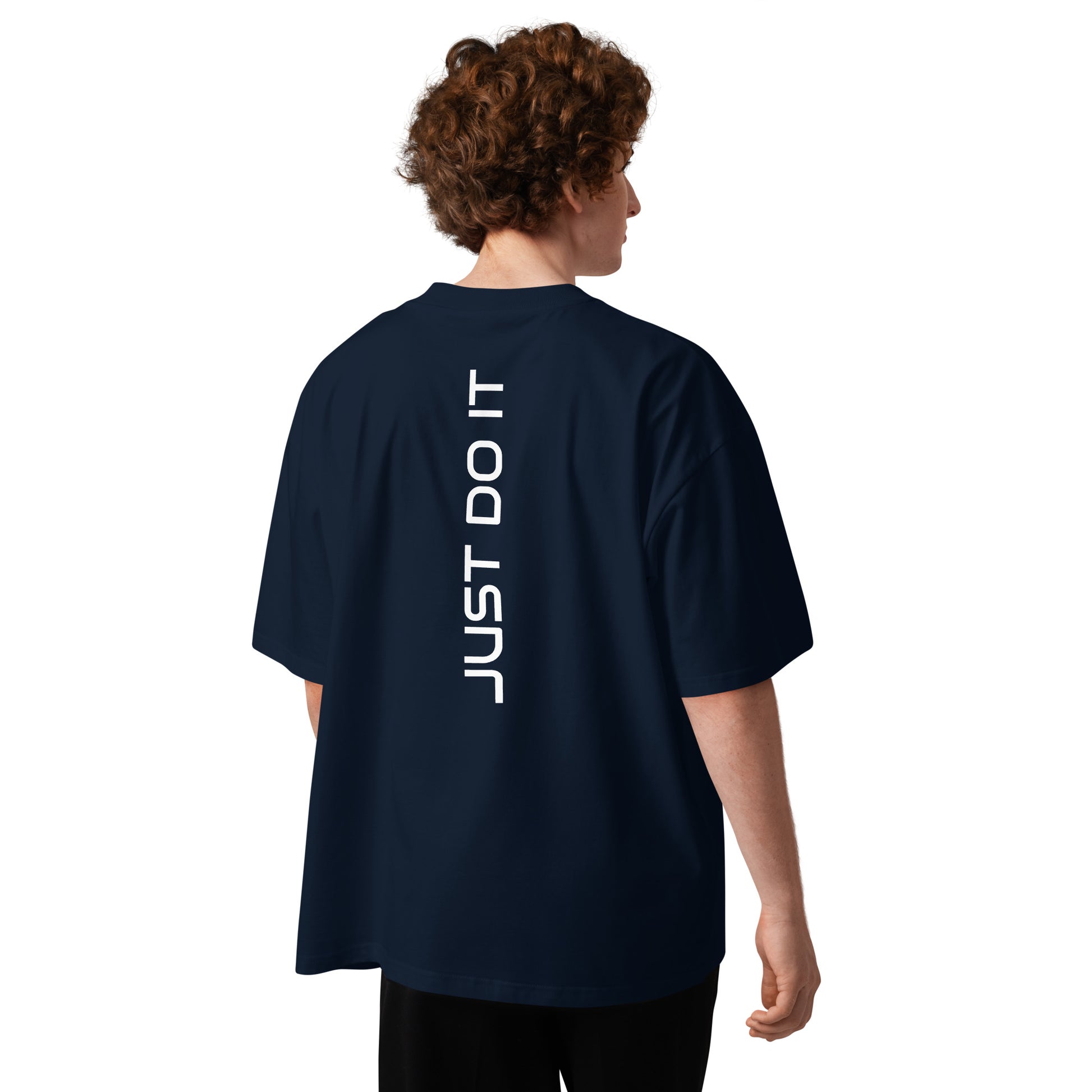 STAY UNIQUE CUSTOMS unisex organic oversized high neck 'NO EXCUSES' t-shirt, French Navy - back detail view