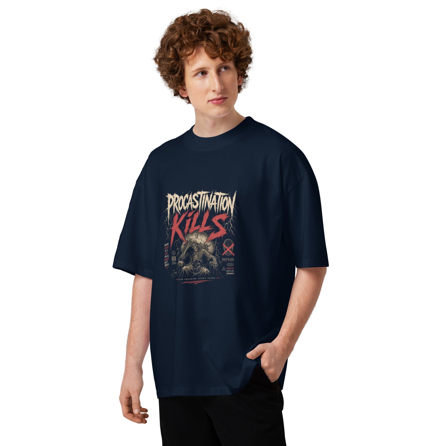 STAY UNIQUE CUSTOMS unisex organic oversized high neck 'NO EXCUSES' t-shirt, French Navy - front detail view