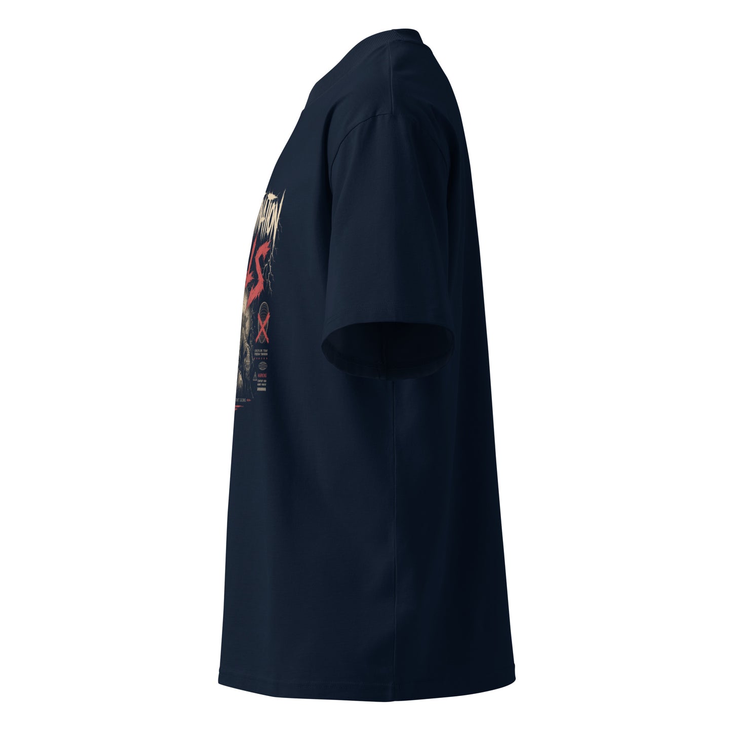 STAY UNIQUE CUSTOMS unisex organic oversized high neck 'NO EXCUSES' t-shirt, French Navy - left side view
